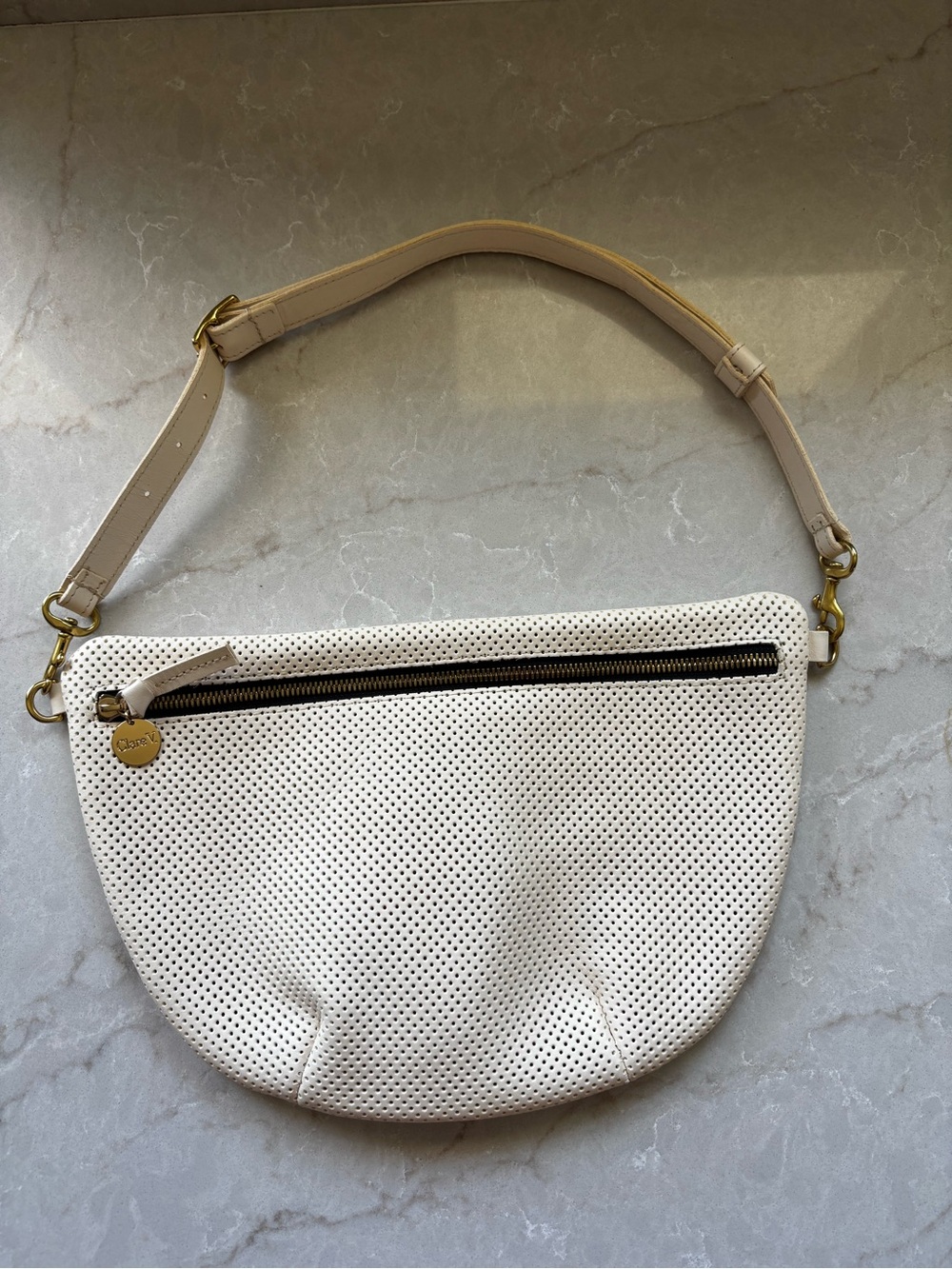Clare V Grande Fanny Cream Perforated
Leather Crossbody Bag